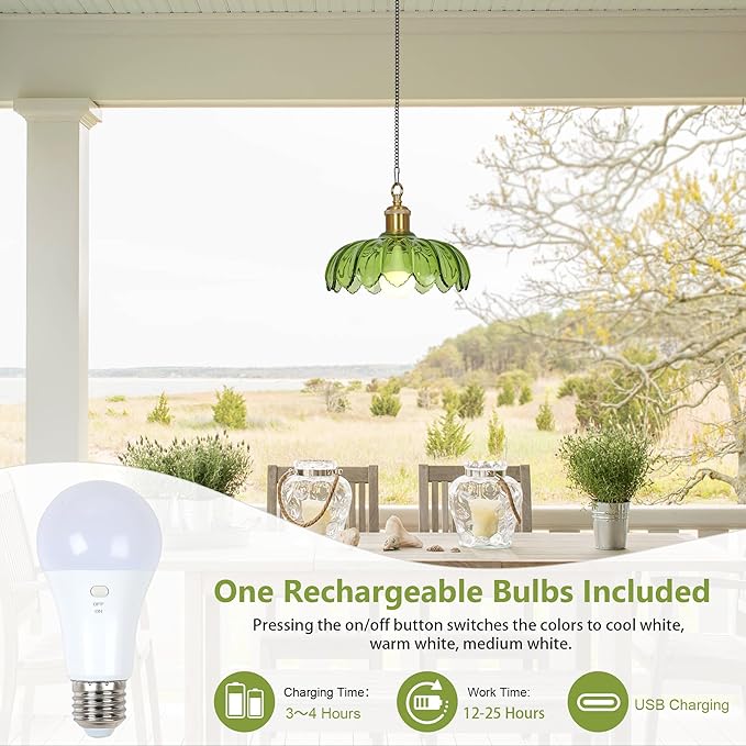 HMVPL Battery Operated Chandelier with Hook, Outdoor Battery Operated Pendant Light with Remote, Rechargeable Bulb, Green Outdoor Chandelier for Porch, Wireless Dimmable Gazebo Lamp for Patio Pergola