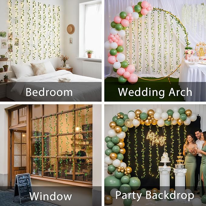 suddus Vines with Light for Bedroom, 200 LED Fairy Lights with Vines, Ivy Curtain Lights for Dorm, Wedding, Party, Wall, Indoor, Outdoor Decor, 6.5ft x 6.5ft（2 Pack