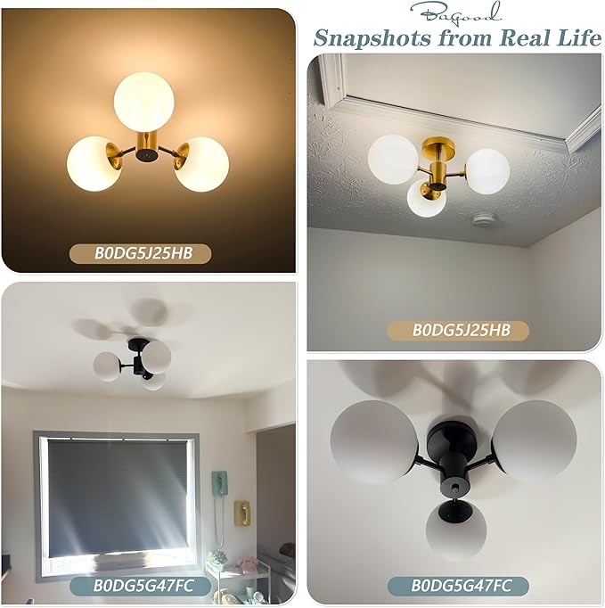 Mid Century Modern 19 Inch Brass Semi Flush Mount Ceiling Lights 3-Light Frosted Globe Glass Gold Chandelier Modern Light Fixtures Ceiling Lights Fixture for Bedroom Hallway Entryway