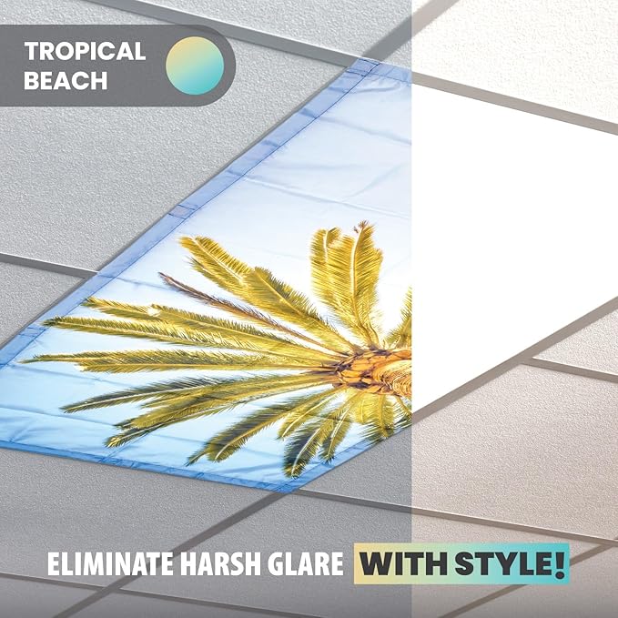 ShadeOn Fluorescent Light Covers for Ceiling Lights (4-Pack) - 2x4 ft Magnetic Light Covers for Ceiling Lights Classroom - Office Light Covers for Fluorescent Lights - Tropical Beach