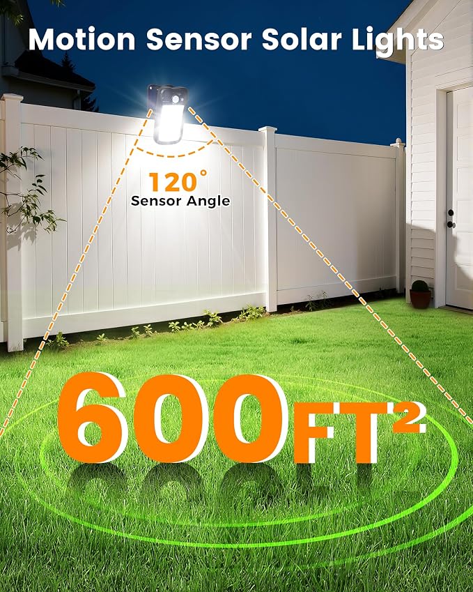Clip on Solar Lights Outdoor, 3 Modes Solar Motion Sensor Lights Outdoor, 60LEDs 500LM Solar Powered Security Lights for Fence, Deck, Garage, Camping, USB Charging, 4 Black