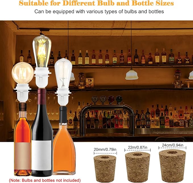 2 Piece Bottle lamp Kit,Bottle Lamp Holder Adapters with 3 Sizes of Corks for Bottles Lights or Any Other Glass Wine Bottles, DIY Wine Bottle Light Kit