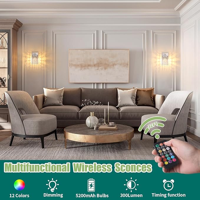 Shenmoyl Set of 2 Crystal Battery Operated Wall Sconce,Rechargeable Wall Lamp with 5200mAh Battery & Remote Control, Modern Dimmable Wireless Wall Lights for Bedroom Bathroom (Clear, Silver Base)