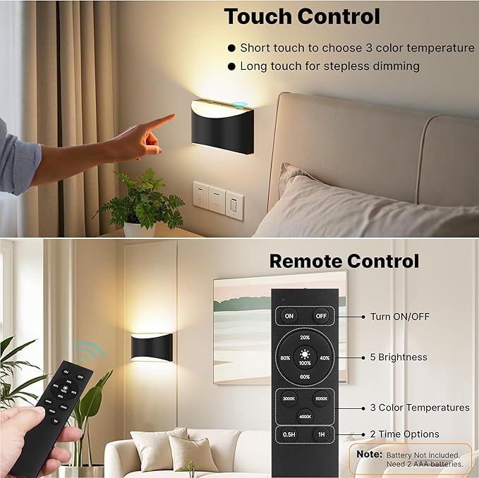 FOLKSMATE Battery Operated Wall Sconces Set of 6, 8000mAh Rechargeable Remote & Touch Control Wall Lamps, 3 Color Temperatures, Timer Cordless Dimmable Light for Bedroom, Living Room, Hallway