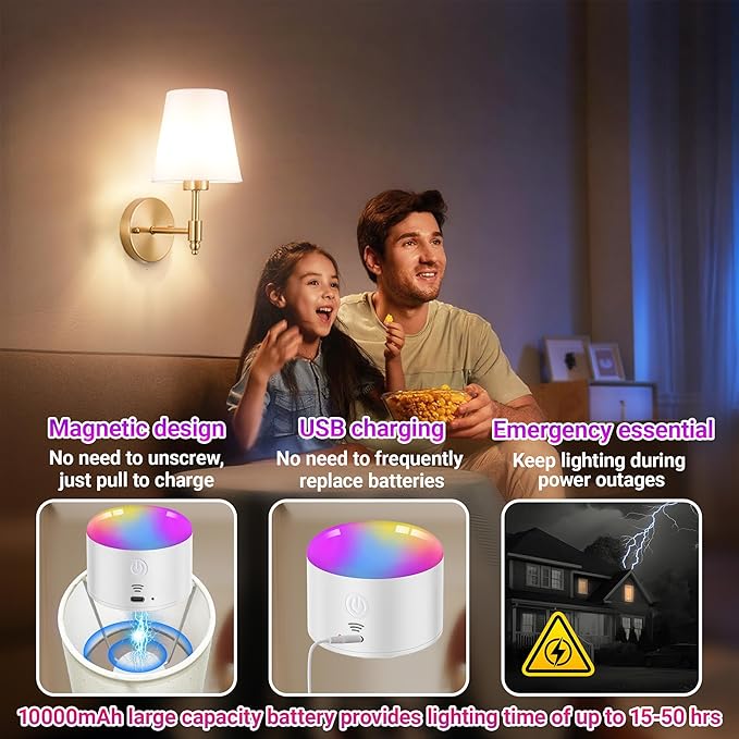 YHCDLAMP Battery Operated Wall Sconces Set of Two, Rechargeable Wireless Wall Lights with 10000mAh RGB Dimmable Detachable Bulb, Battery Sconces Wall Decor with Remote for Bedroom Living Room Hallway