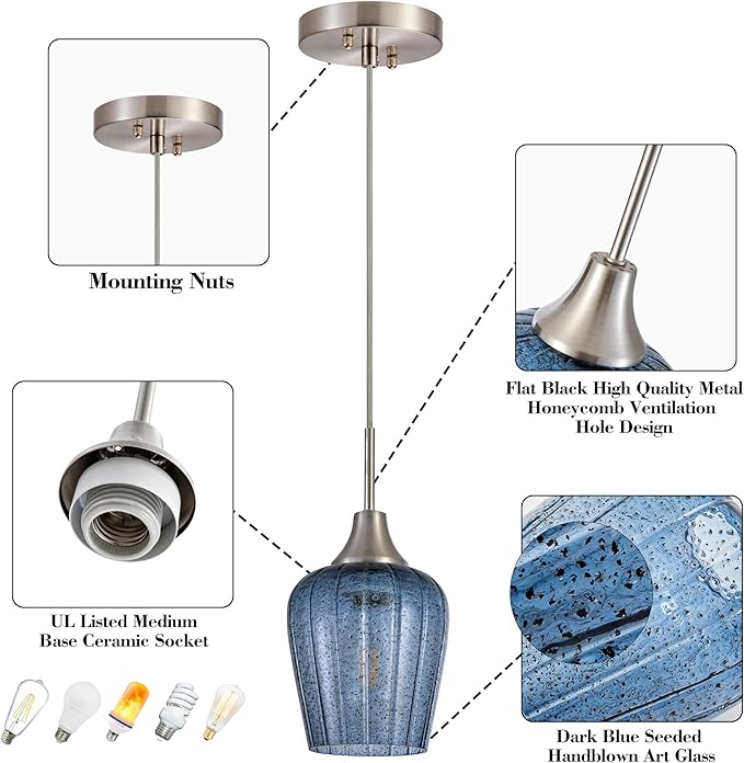 Viinew Mini Glass Pendant Light,5.4" Tulip Flower Shape Dark Blue Glass Hanging Light,1-Pack Handblown Clear Blue Seeded Shade Adjustable Cord Ceiling Light Fixture for Kitchen Island Sink