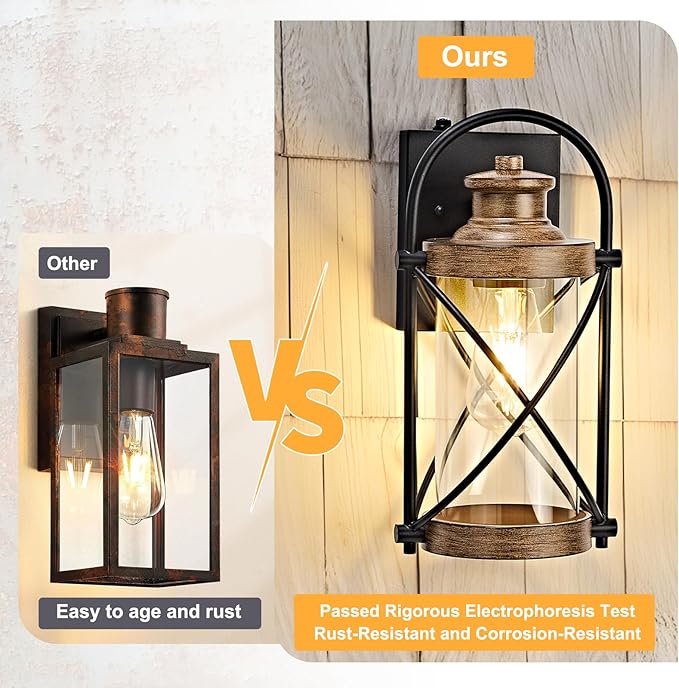 Dusk to Dawn Outdoor Wall Lights Fixtures, Waterproof Exterior Lighting Fixtures with Photocell Sensor,Vintage Faux Wood Grain Metal Cage Lantern Outside Lights for Porch Patio House Garage（2 Pack）