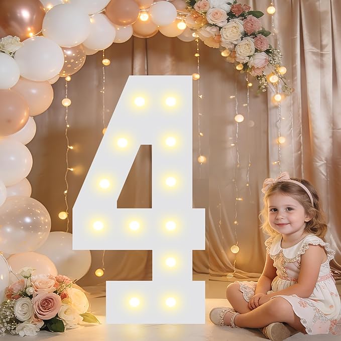 Pooqla 2.4FT Light Up Numbers, Marquee Numbers 2.4 Feet Tall Party Decor for Her Him, Mosaic Big Sign for 4th 14th 40th Birthday Anniversary Decoration Backdrop, Large Pre-Cut Frame Number 4