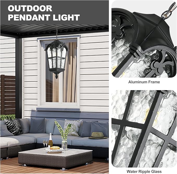 Dusk to Dawn Outdoor Pendant Lights for Porch Hallway Patio, Black Aluminium Exterior Hanging Light Fixture, Outside Waterproof Hanging Lantern Light, Height Adjustable Outdoor Pendant Lamp