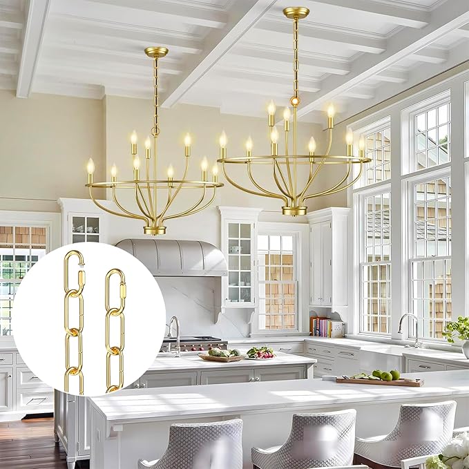 garini 6 Feet Gold Light Fixture Chain 6 Feet, Adjustable Metal Pendant Chandelier Chain Extension with Detachable Link, Maximum Load is 66 Pounds, 2 Pcs