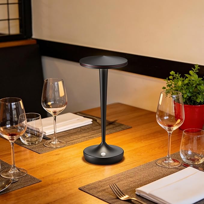 YHT CordlessTable Lamps Rechargeable, 6000mAh Battery Portable LED Touch Led Table Lamp, 3-Color Stepless Dimming & Memory Function, for Outdoor, Dinning, Patio, Restaurant, Kitchen (Black)