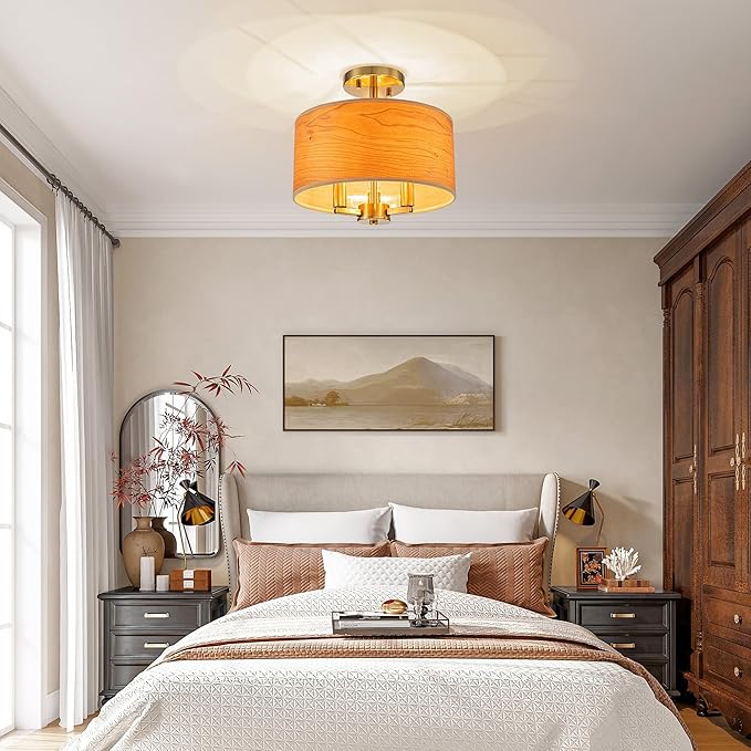 3-Light Solid Wood Drum Ceiling Light, Coastal Style Pendant Light Fixture for Dining Room, Living Room, D11.8 * H11.1 inch, Solid Wood Lampshade & Gold Finish