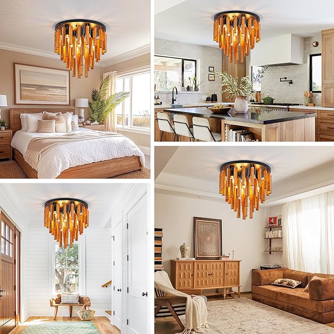 16.6" Farmhouse Ceiling Light, 5-Light Wood Chandelier, Rustic Light Fixture with Wood and Black Metal Finish, Farmhouse Semi Flush Chandelier for Bedroom, Hallway, Entryway, Kitchen