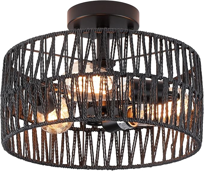 3-Light Coastal Black Woven Flush Mount Light Fixture Rustic Industrial Hemp Rope Flush Mount Ceiling Light for Hallway Bedroom Kitchen Entryway Farmhouse Living Room, Black