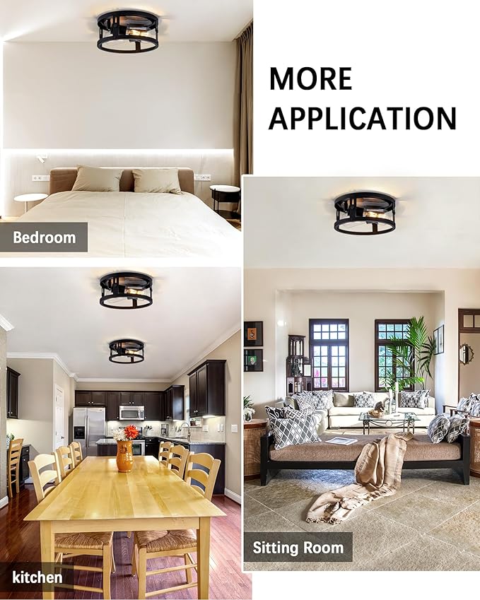 2 Pack Industrial Flush Mount Ceiling Light, 2-Light Black Metal Cage Ceiling Light Fixtures, Farmhouse Adjustable Ceiling Light for Hallway Kitchen Bedroom Entryway