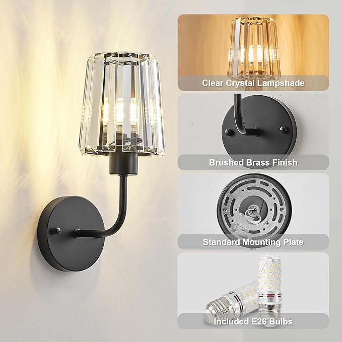 KARTOOSH Hardwired Crystal Wall Sconces Set of Two - Dimmable Wall Light Fixtures 3000K, Warm White, for Hallway, Bathroom, Living Room, Bedroom, Black, 13 Inch
