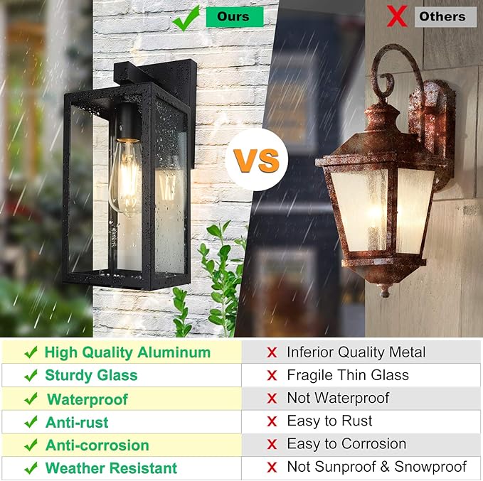 MAXvolador Outdoor Wall Sconce, Large Exterior Waterproof Wall Lantern Light Fixture, Black Porch Lights Glass, Anti-Rust E26 Patio Lighting, 2 Pack