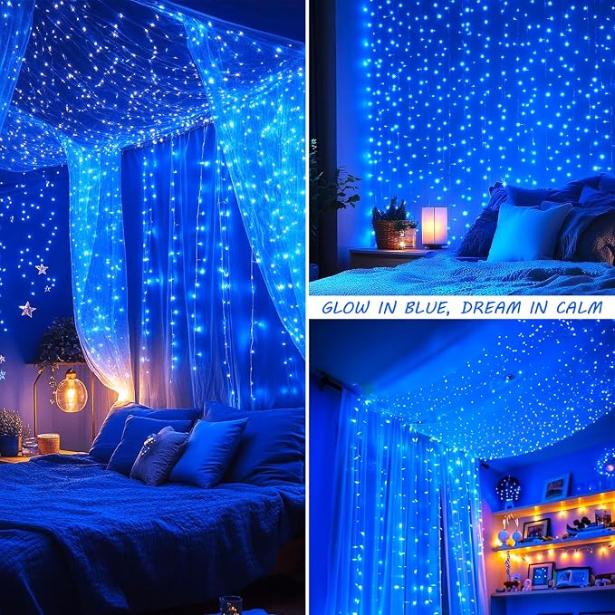 HEYFUNi Curtain Lights,304LED 9.8ftX9.8ft 30V 8Modes Safety Window Lights with Memory for Home Wedding Christmas Party Patio Lawn Garden Bedroom Outdoor Indoor Wall Decorations (304 LED, Blue)