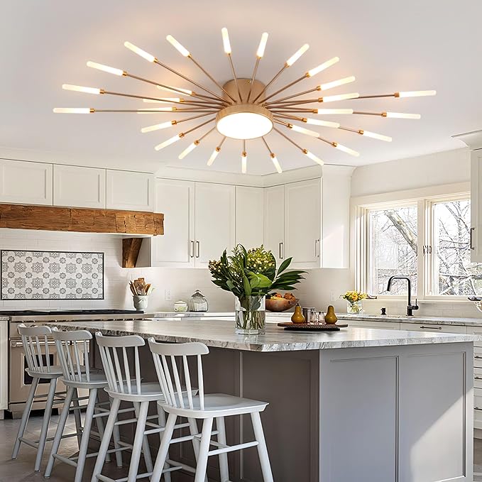 Modern Ceiling Light LED Flush Mount Ceiling Light for Living Room,Kitchen,Dining Room,Bedroom Fireworks Design Dimmable with Remote Control & Memory Function Lighting Fixture (Gold,28 Light)