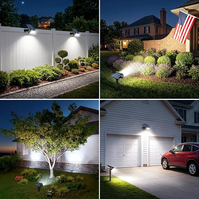 Solar Spotlights Outdoor Waterproof IP65 - Solar Spot Lights Uplights for Garden Yard Tree Flag Statue Flower Beds Landscape Auto On/Off 2 Lighting Modes Wall-Mount & Ground Stake White - 4 Pack