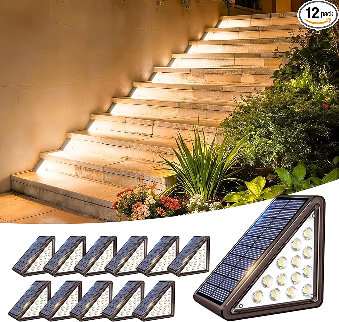 JEJOT Solar Step Lights Outdoor Waterproof IP65,Warm White BrownSolar Stair Lights, Outdoor Light Decor for Stair, Deck, Step, Porch and Outside Patio, 12 Pack