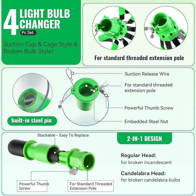 Dreyoo 4 Pieces Set Light Bulb Changer, Suction Cup and Cage Changer for Incandescent, Floodlight, Broken Bulb and Recessed Lights, Compatible with Standard Extension Pole, Pole Not Included(Green)