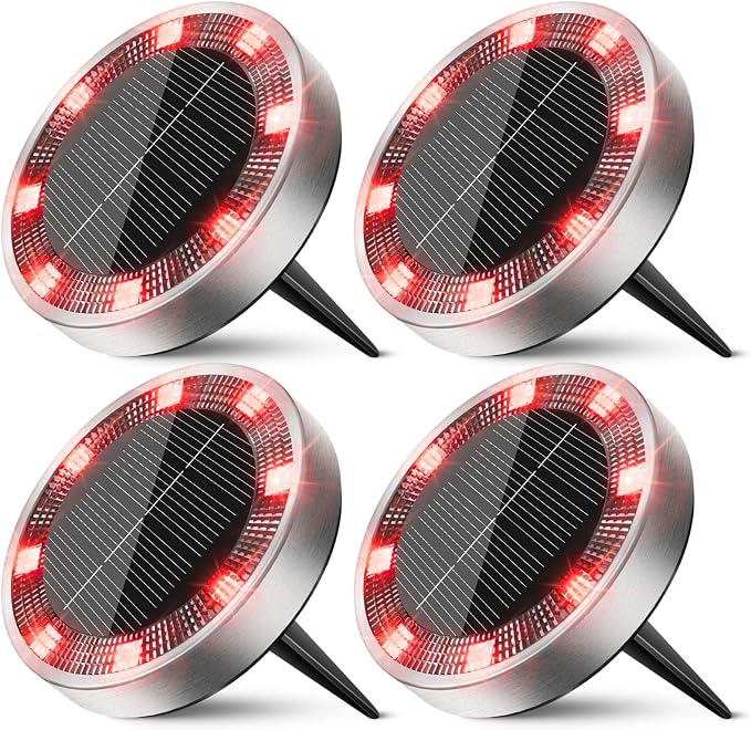 Peasur Mini Solar Ground Lights Outdoor, 4 Pack Flat Solar Powered Disc Lights, IP68 Waterproof, Anti-Rust, Landscape Lighting for Pathway Garden Yard Lawn Walkway Landscape Driveway, Red
