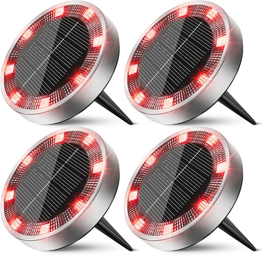 Peasur Mini Solar Ground Lights Outdoor, 4 Pack Flat Solar Powered Disc Lights, IP68 Waterproof, Anti-Rust, Landscape Lighting for Pathway Garden Yard Lawn Walkway Landscape Driveway, Red