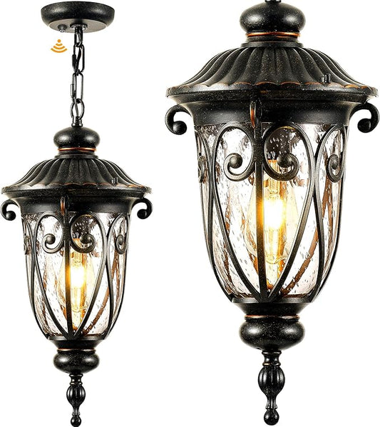 VIANIS Dusk to Dawn Outdoor Hanging Lights, Large Bronze Vintage Outdoor Pendant Light, Waterproof with Seed Glass, Anti-Rust Adjustable Length Chandelier, Porch Ceiling Light for Yard, Doorway
