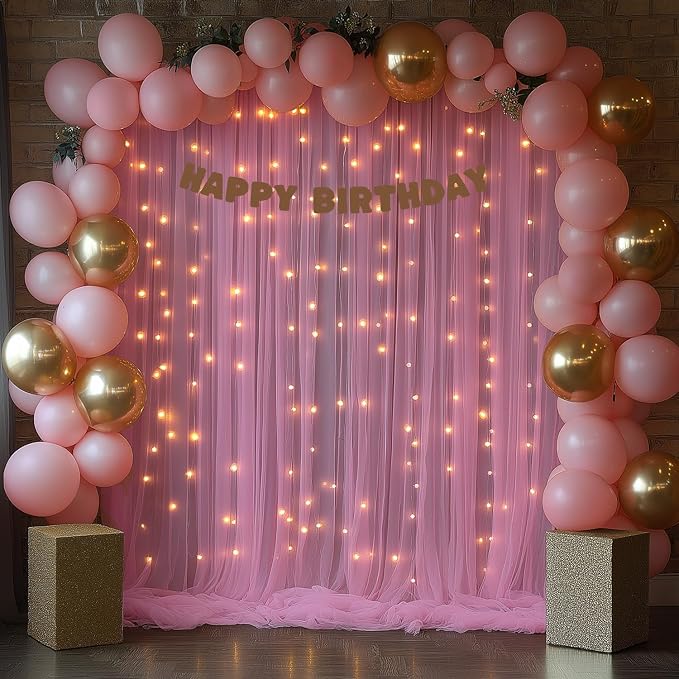 10x10ft Pink Tulle Backdrop Curtain with Lights String Sheer Drapes for Baby Shower for Girls, Bridal Shower, Birthday, Photo Booth, Party, Home Decor (2 Panels, Pink)