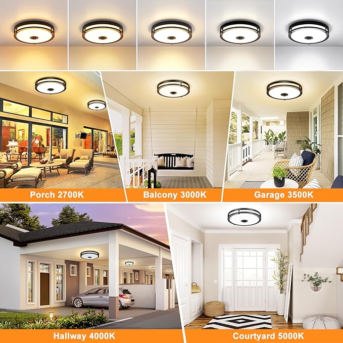 2 Pack Motion Sensor Outdoor Ceiling Light with Remote, 24W Dimmable 2700K/3000K/3500K/4000K/5000K Flush Mount Porch Light, 12" Dusk to Dawn Exterior Lighting Fixtures for Porch, Entryway