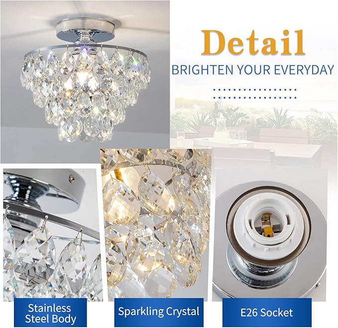 CM MZY Mini Crystal Chandelier Ceiling Light Small, Modern Chrome Crystal Flush Mount Ceiling Light, E26 Base Farmhouse Ceiling Lighting Fixture for Bedroom Bathroom Closet Hallway Kitchen