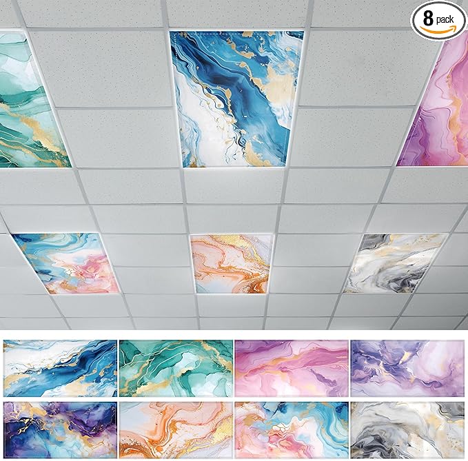 8 Pcs Fluorescent Light Covers, 4x2 Feet Magnetic Light Cover Fluorescent Lights Shade Panel Positive Inspirational Ceiling Lights Filters for Office Classroom Home Drop Ceiling Marble