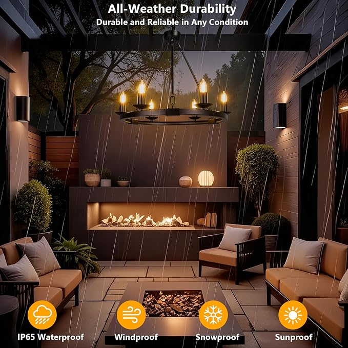 Solar Outdoor Chandelier, 6-Light 19" Chandelier Outdoor Waterproof Dimmable Hanging Pendant Lights, Farmhouse Style for Gazebo, Porch, Patio, Pergola, Decor Lighting