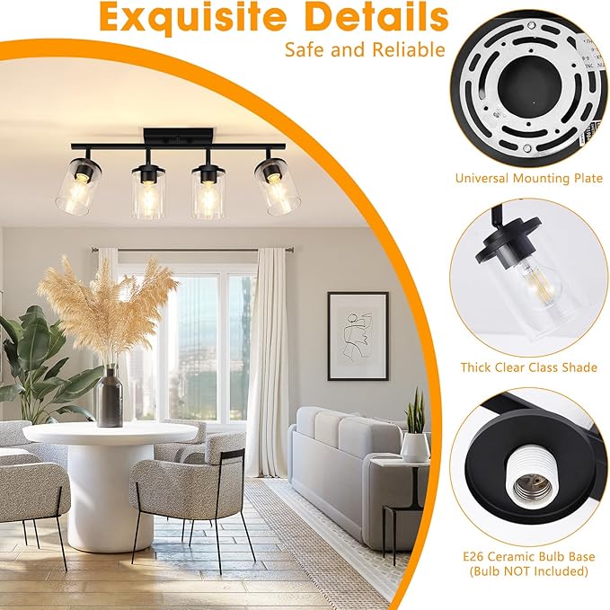 FadimiKoo 4-Lights Track Lighting Fixtures Ceiling with Clear Glass Shades, Modern Black Semi Flush Mount Ceiling Light, Rotatable Wall Mount Ceiling Lamp for Kitchen Hallway Bedroom