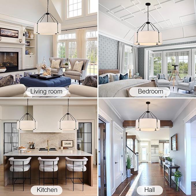 Drum Chandeliers, Modern 23'' Farmhouse Pendant Light Fixture with White Linen Fabric Shade, Black Round Adjustable Hanging Lights for Dining Room Bedroom Kitchen Living Room Foyer Entryway