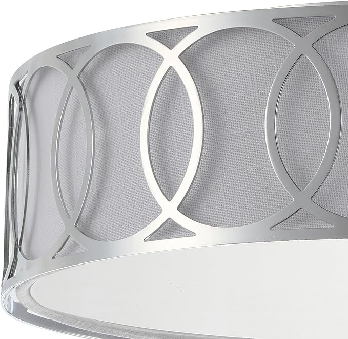 JONATHAN Y 13.25" Chrome Modern Metal LED Flush Mount Ceiling Light for Bedroom Hallway, White Linen Drum Shade with Geometric Fretwork, LED Bulbs Included (JYL3503B)