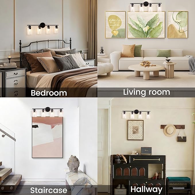 4-Light Bathroom Light Fixtures, Vanity Light with Clear Glass Shades, Matte Black Bathroom Light Fixtures Over Mirror, Modern Bathroom Wall Lamp for Mirror Living Room Cabinet Bedroom Wall Sconces