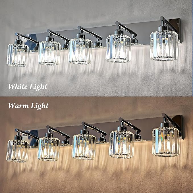 Brushed Chrome Crystal Bathroom Vanity Light, 5-Light Modern Bathroom Lighting Fixtures Over Mirror,Chrome Wall Sconce Light Fixtures with Round Shade