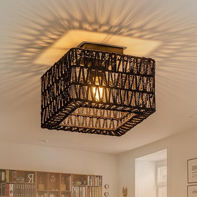 Rattan Ceiling Light, Black Boho Light Fixture, Square Flush Mount Ceiling Light for Bedroom, Hallway, Entryway, Kitchen, Laundry