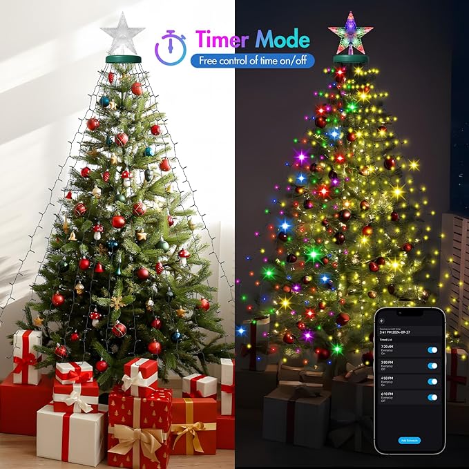 Smart Cascading Twinkle Lights for Christmas Tree, 410LED Christmas Tree Lights APP Control Music Sync, 6.6FT x 16 Lines String Lights for Indoor Outdoor Xmas Tree Decor, Warm White & Multicolor