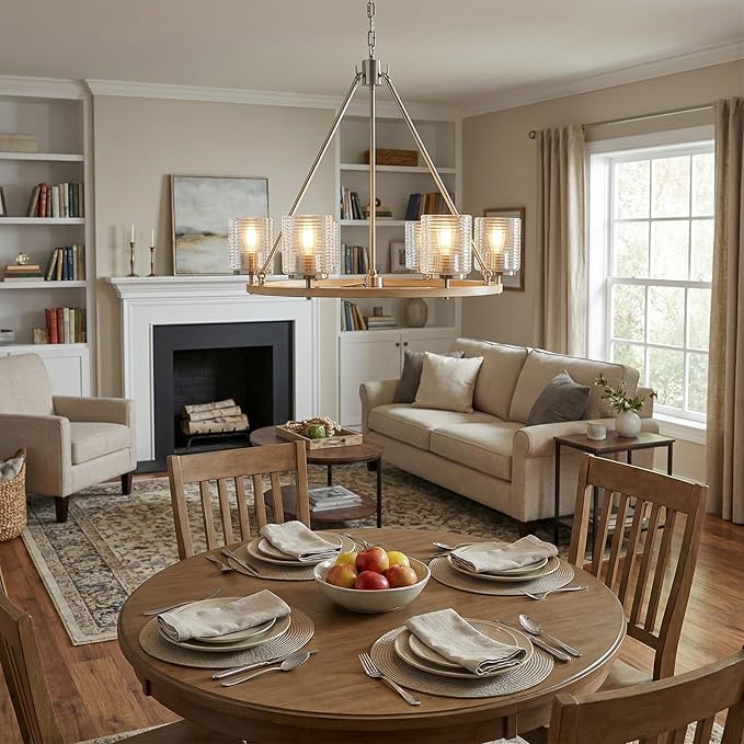 28.5" Wagon Wheel Chandelier, 6-Light Kitchen Chandelier with Wood Finish & Brushed Nickel, Modern Farmhouse Hanging Light Fixture for Dining Room, E26 Base, Bulb Not Included