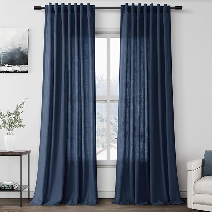 Extra Long Denim Blue Linen Curtains 120 Inch for Living Room 2 Panels Set Rod Pocket Back Tab Linen Window Drapes Semi Sheer Light Filtering Privacy High Ceiling Drapes for Farmhouse 52x120