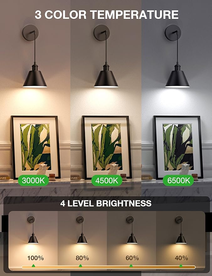 NIORSUN Matte Black Battery Operated Wall Sconce Set of 2, 5200mAh Dimmable Detachable Bulbs and Remote Wireless Rechargeable Wall Lights, 9 Colors Sconces Wall Decor for Bedroom Living Room Hallway