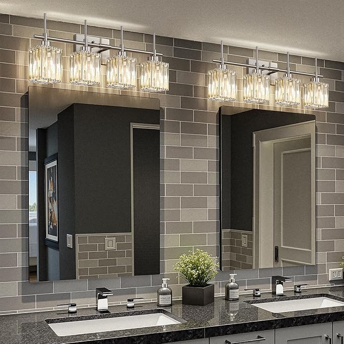 Torondo Modern Crystal Bathroom Vanity Light 4-Light Brushed Nickel Bathroom Light Fixtures Over Mirror Vanity Lighting Fixtures Square Shade Brass Wall Sconce (Bulbs Not Include)