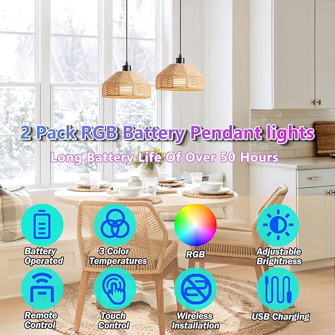 Battery Operated Pendant Light Set Of 2,Rechargeable Hanging Light 50 Hours Long Battery Life, RGB Color-Changing Chandelier Boho Woven Rattan Pendant Light Ideal For Indoor Lighting