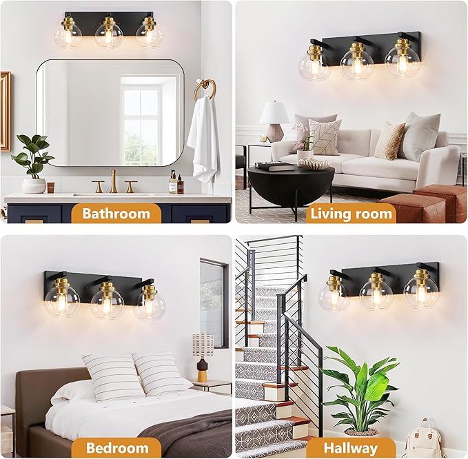 3-Light Bathroom Vanity Light Fixture Over Mirror, Bathroom Light Fixutre Matte Black & Gold Finish with Globle Clear Glass E26 Base Bulbs Not Included for Bathroom, Hallway, Bedroom, Living room