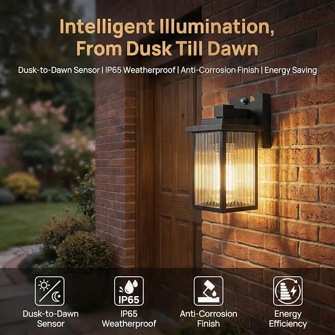 2 Pack Dusk to Dawn Outdoor Lighting, Modern Wall Sconce with Textured Glass, Waterproof IP65 Exterior Light Fixture, Soft Glow Warm Ambiance for Front Door Porch Garage, 10.6 Inch Height, Black