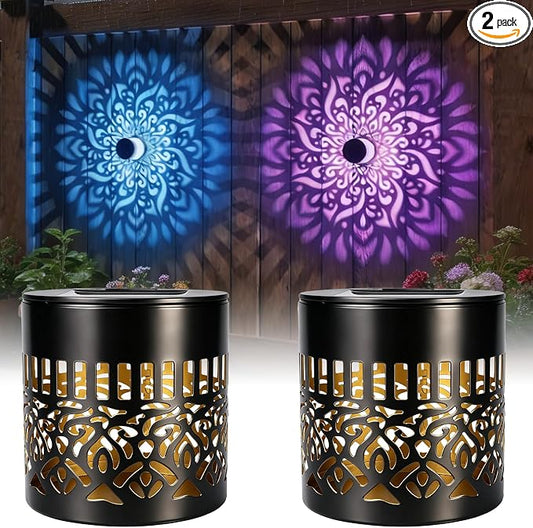 2PCS Solar Mandala Wall Lights Outdoor, Colorful Waterproof Solar Fence Lights, Decorative Solar Mandala Lights, Solar Powered Outdoor Deck Step Wall Lights, for Terrace, Courtyard, Backyard