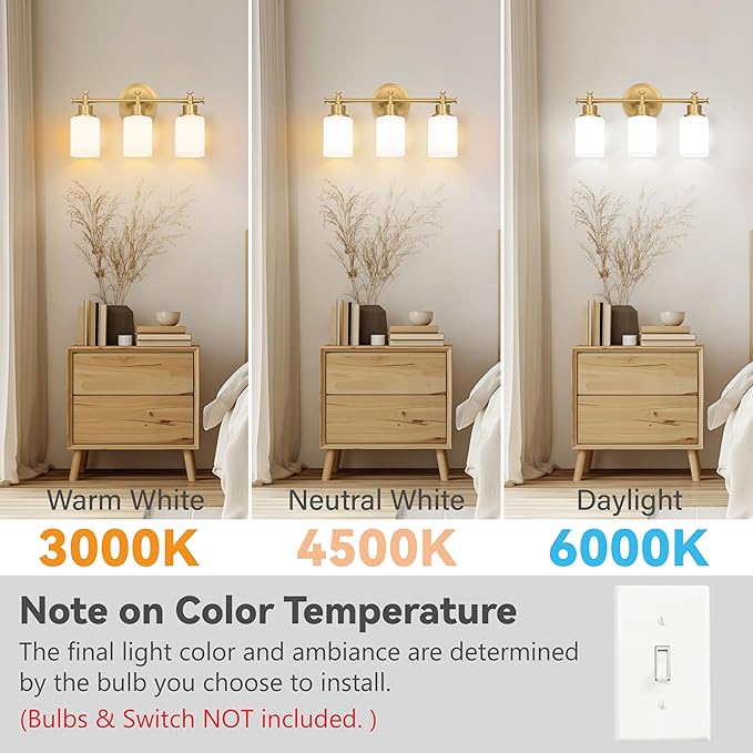 3-Light Bathroom Vanity Light, Brushed Gold Vanity Lights for Bathroom, Modern Champagne Gold Wall Sconce with White Glass Shades, Anti-Rust Light Fixtures over Mirror (Bulbs Not Included, E26 Base)